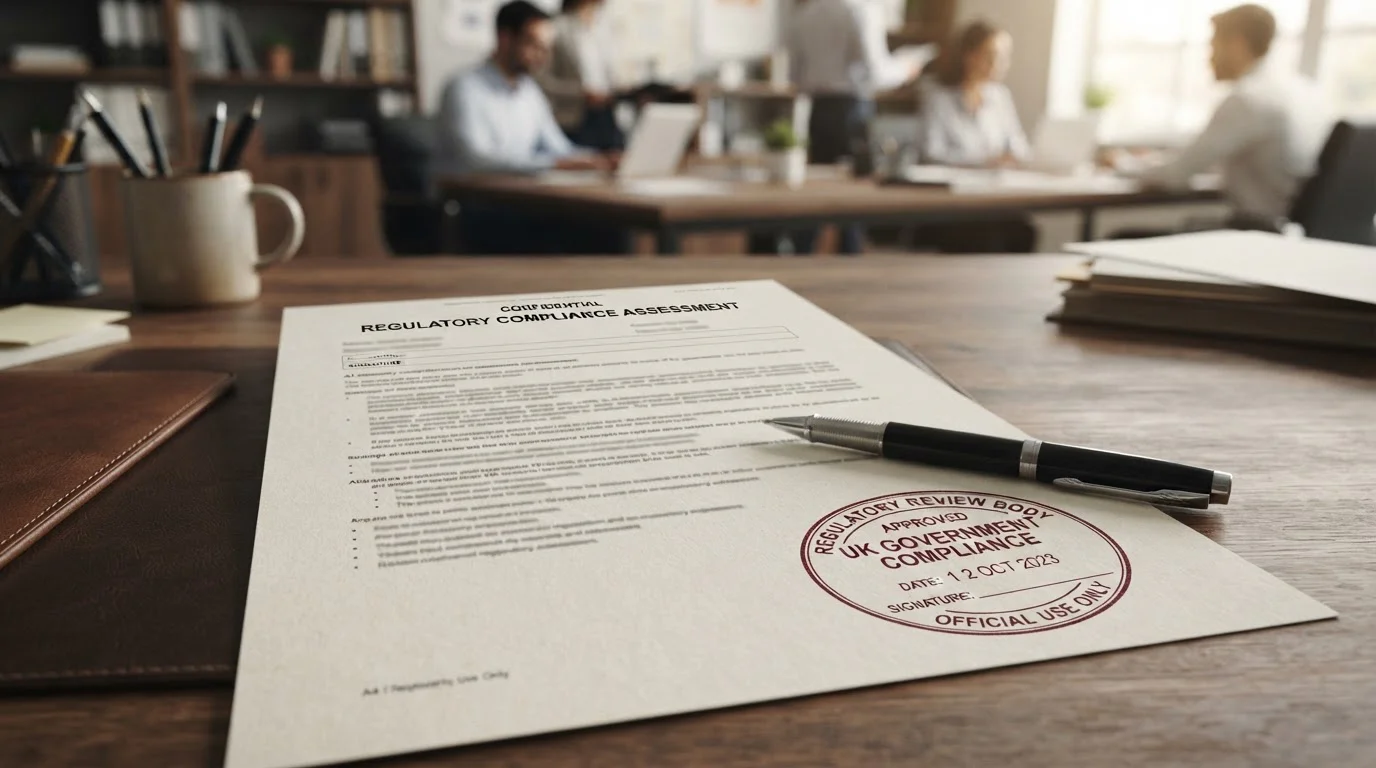 Official UK gambling regulation document with UKGC stamp on desk