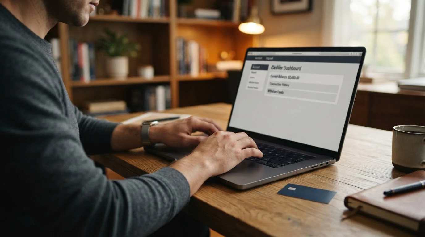 Person holding debit card at laptop with casino cashier interface