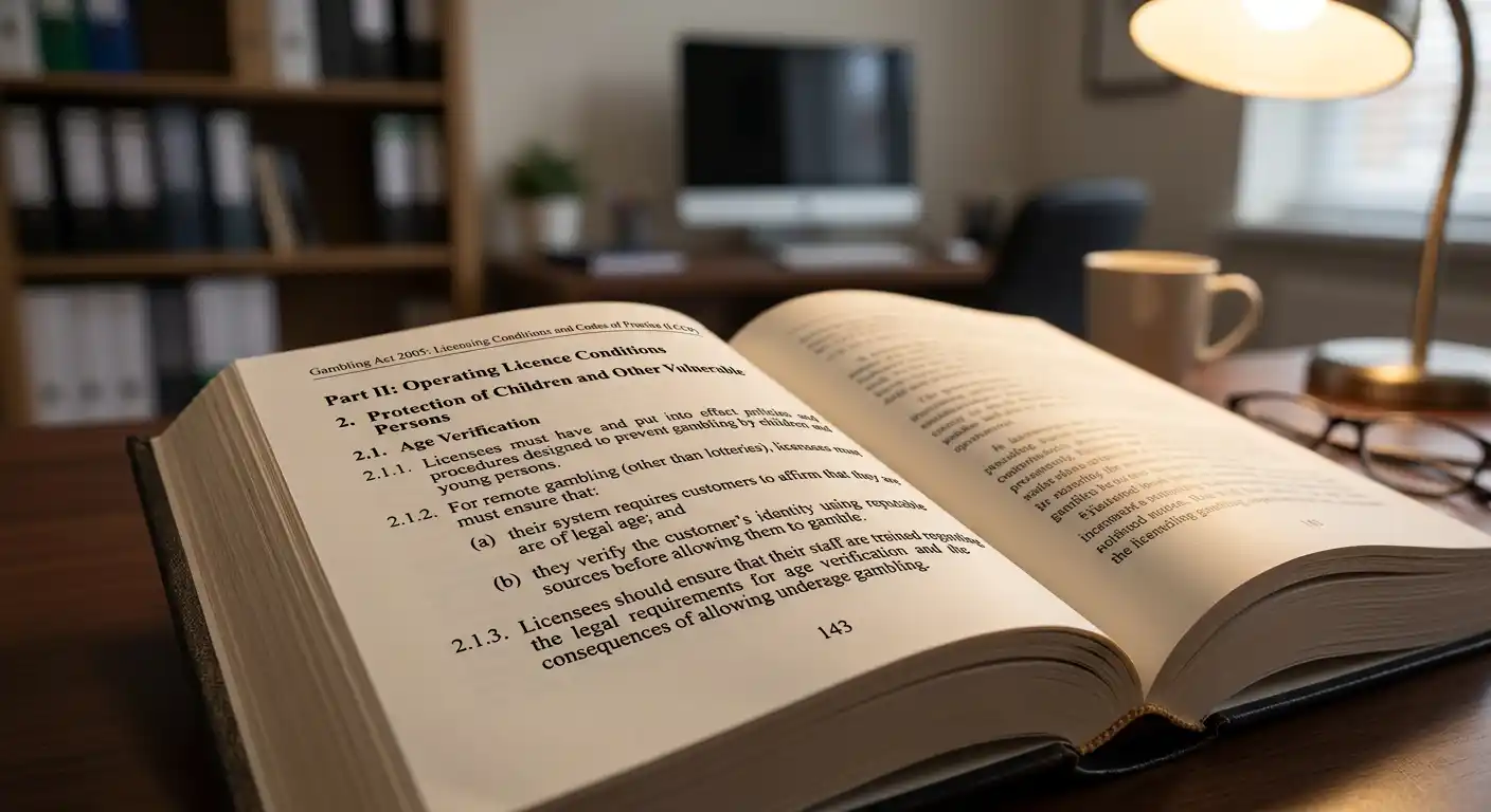 Open law book with UK Gambling Commission official document showing LCCP regulatory text
