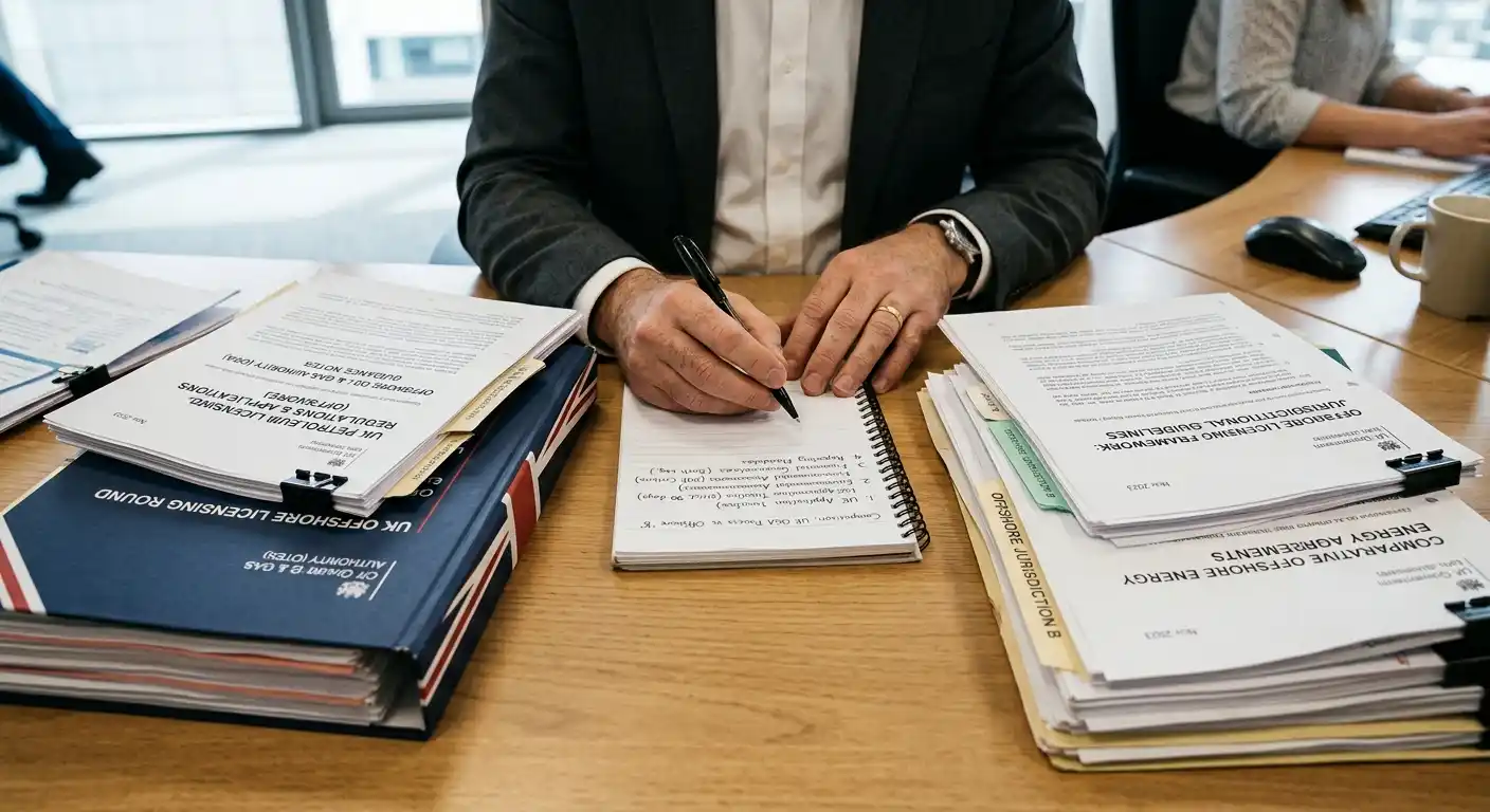 Split desk showing UK official documents vs offshore licensing papers