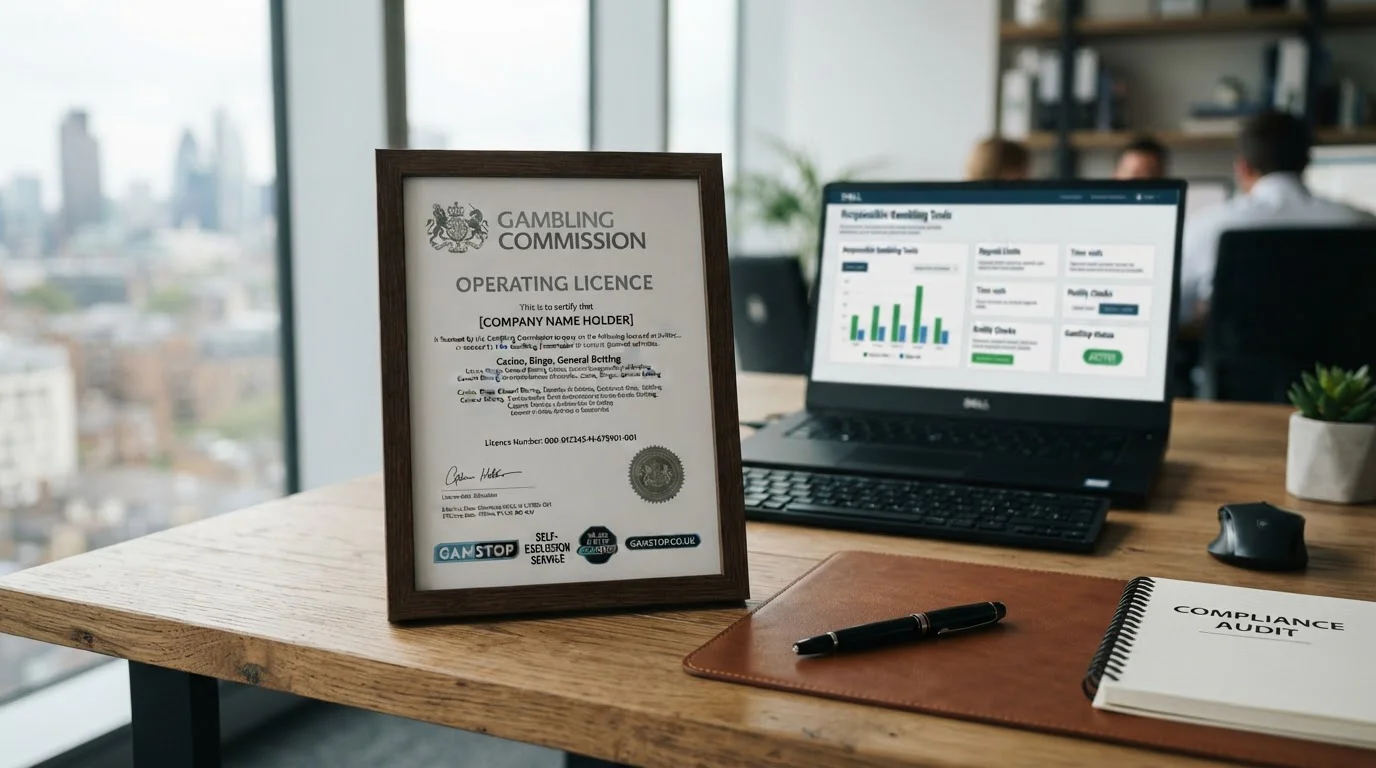 UKGC licence certificate with GamStop logo and responsible gambling tools interface