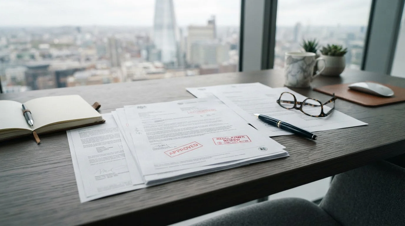 Clean office desk with FCA regulatory document and UKGC guidelines