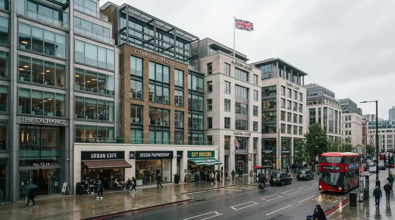 Row of UKGC-licensed casino building facades with Union Jack flag