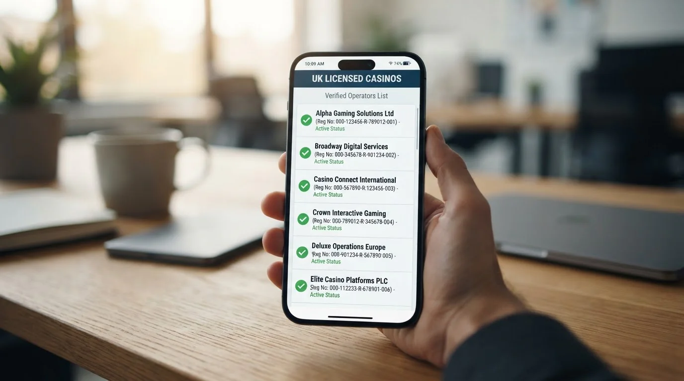 Smartphone displaying verified UKGC licensed casino operators with MuchBetter payment option