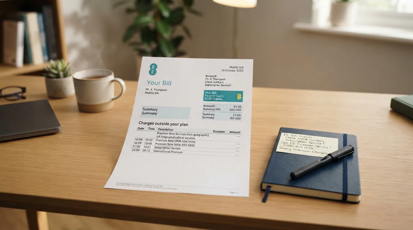 UK mobile phone bill showing premium billing charges section with casino deposit line item