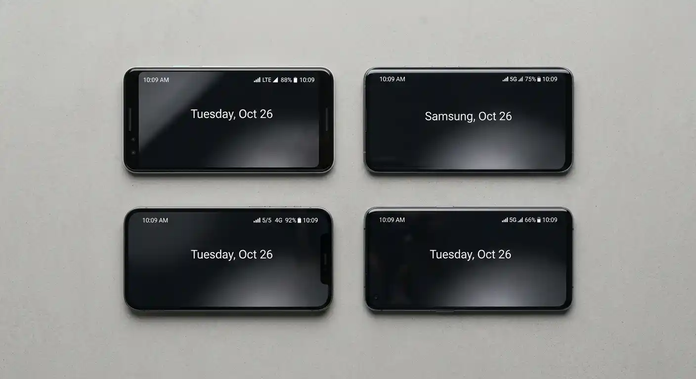 Four smartphones displaying network signal icons arranged in grid pattern
