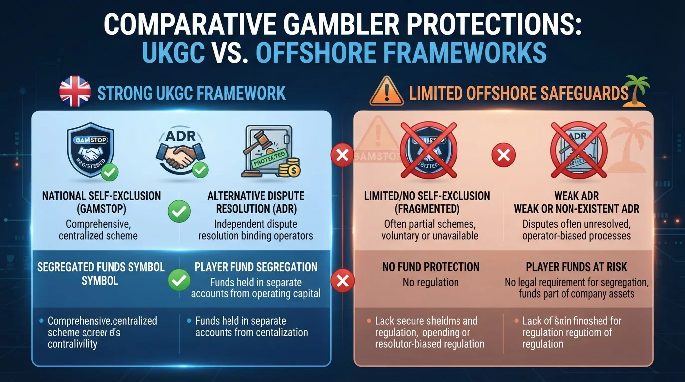 Comparison infographic showing UKGC protections versus offshore casino protections with icons for GAMSTOP and ADR