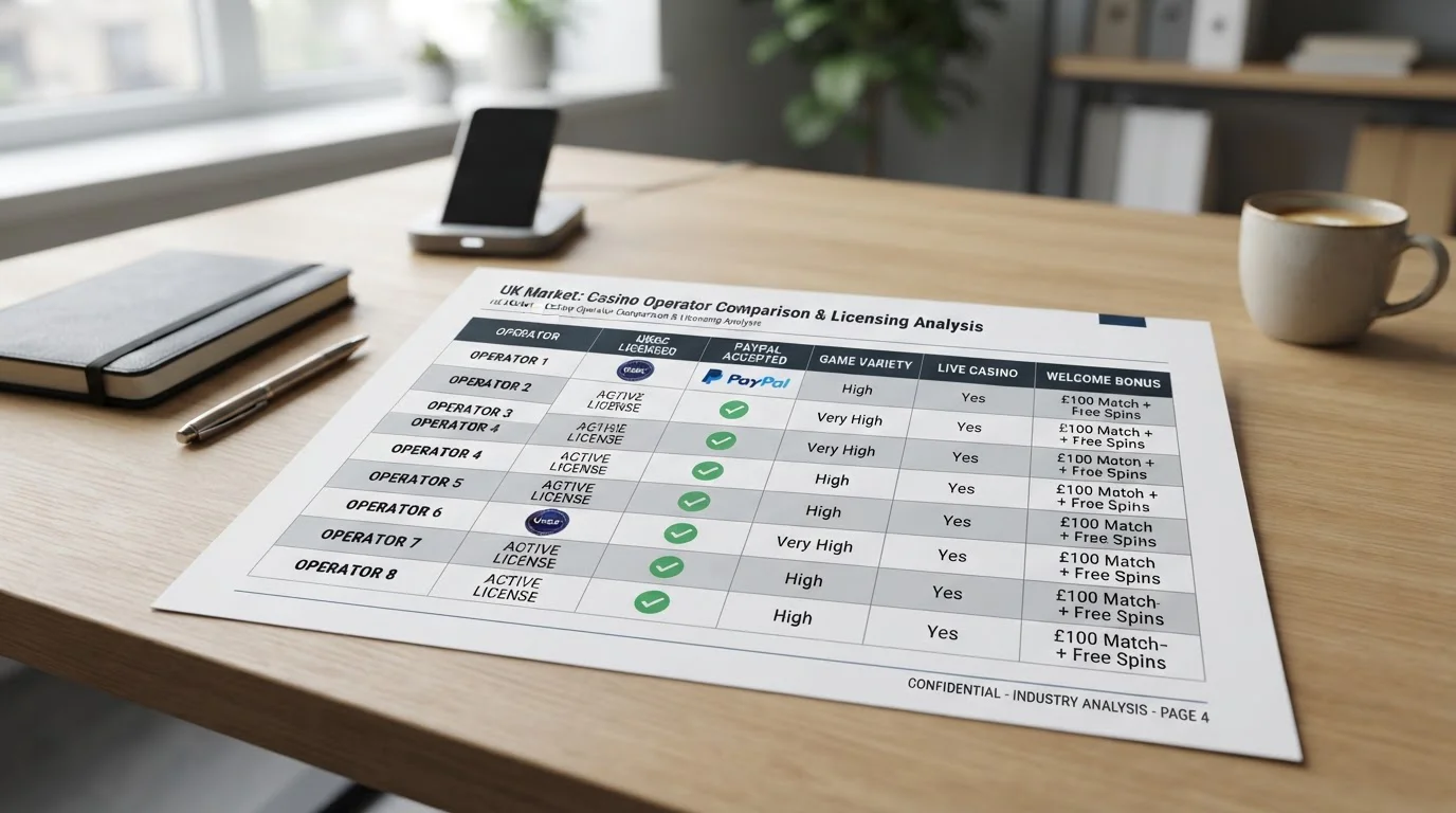 Comparison chart showing UK casino operators with UKGC licence badges and PayPal acceptance indicators