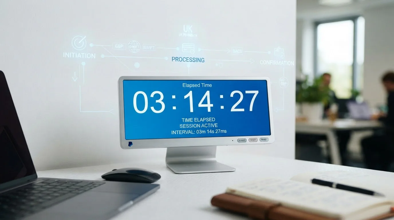 Digital timer display showing withdrawal processing times with PayPal logo and UK bank transfer indicators