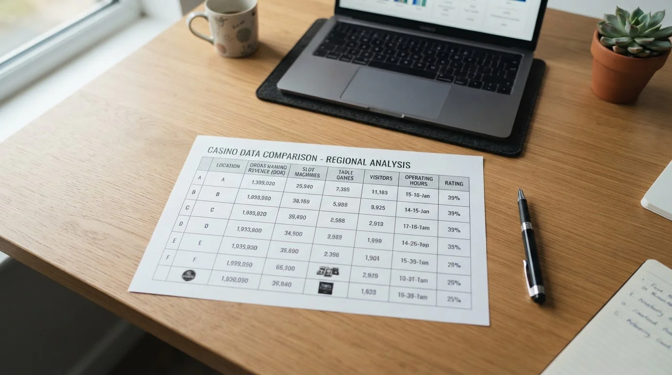 Overhead view of desk with printed casino comparison chart and laptop