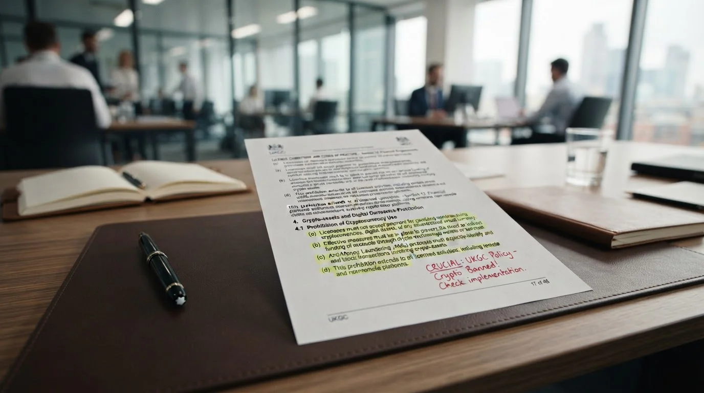 UK Gambling Commission regulatory document with cryptocurrency prohibition highlighted