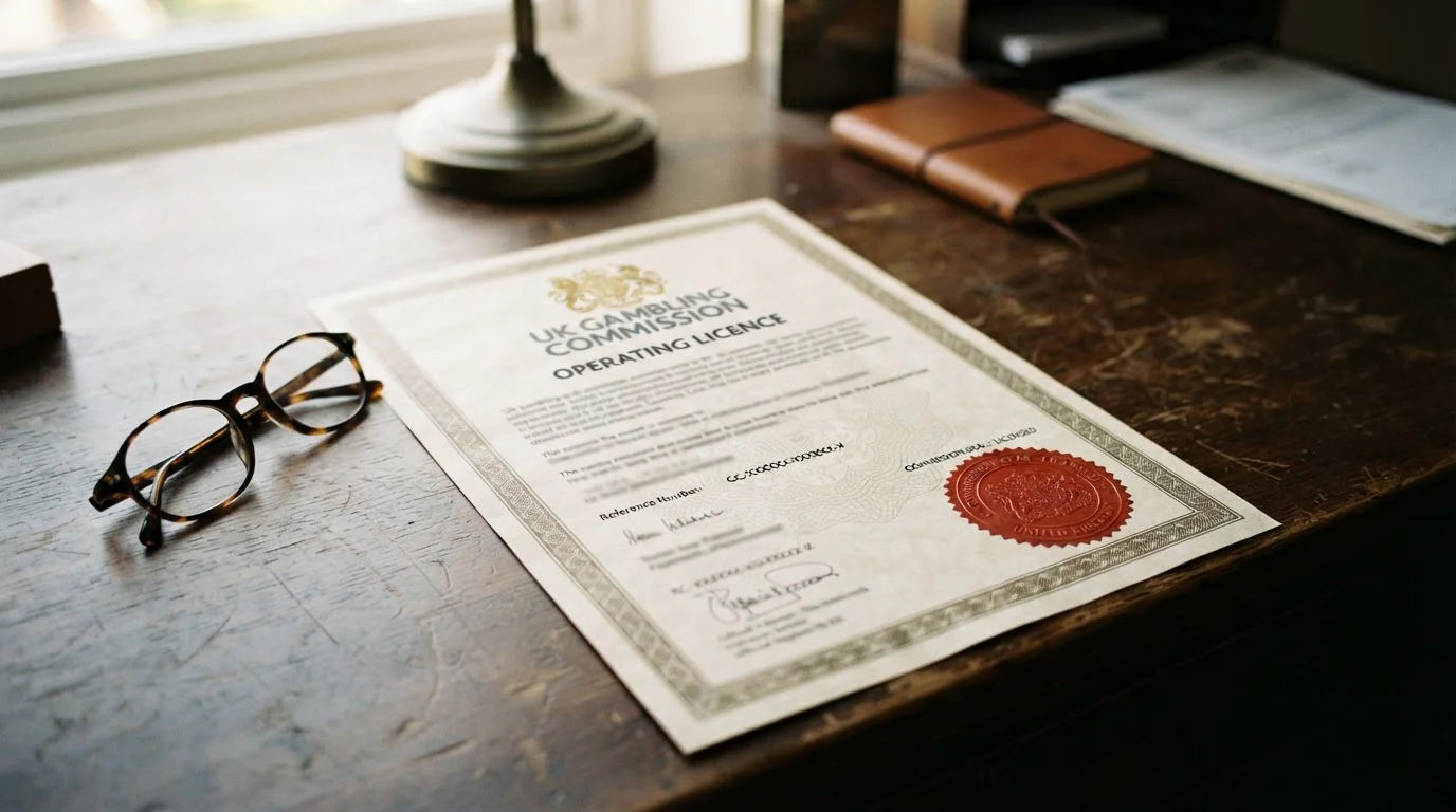 UK Gambling Commission license certificate showing official seal and stamp