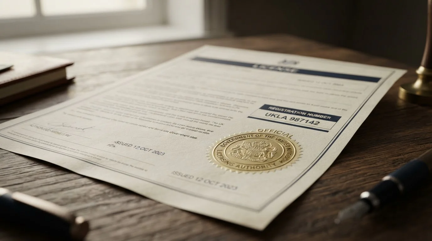 Official UKGC license document with visible seal and registration number