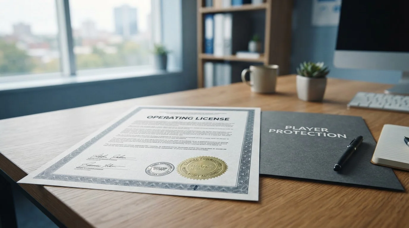 UKGC Gambling Commission official license certificate with seal on office desk