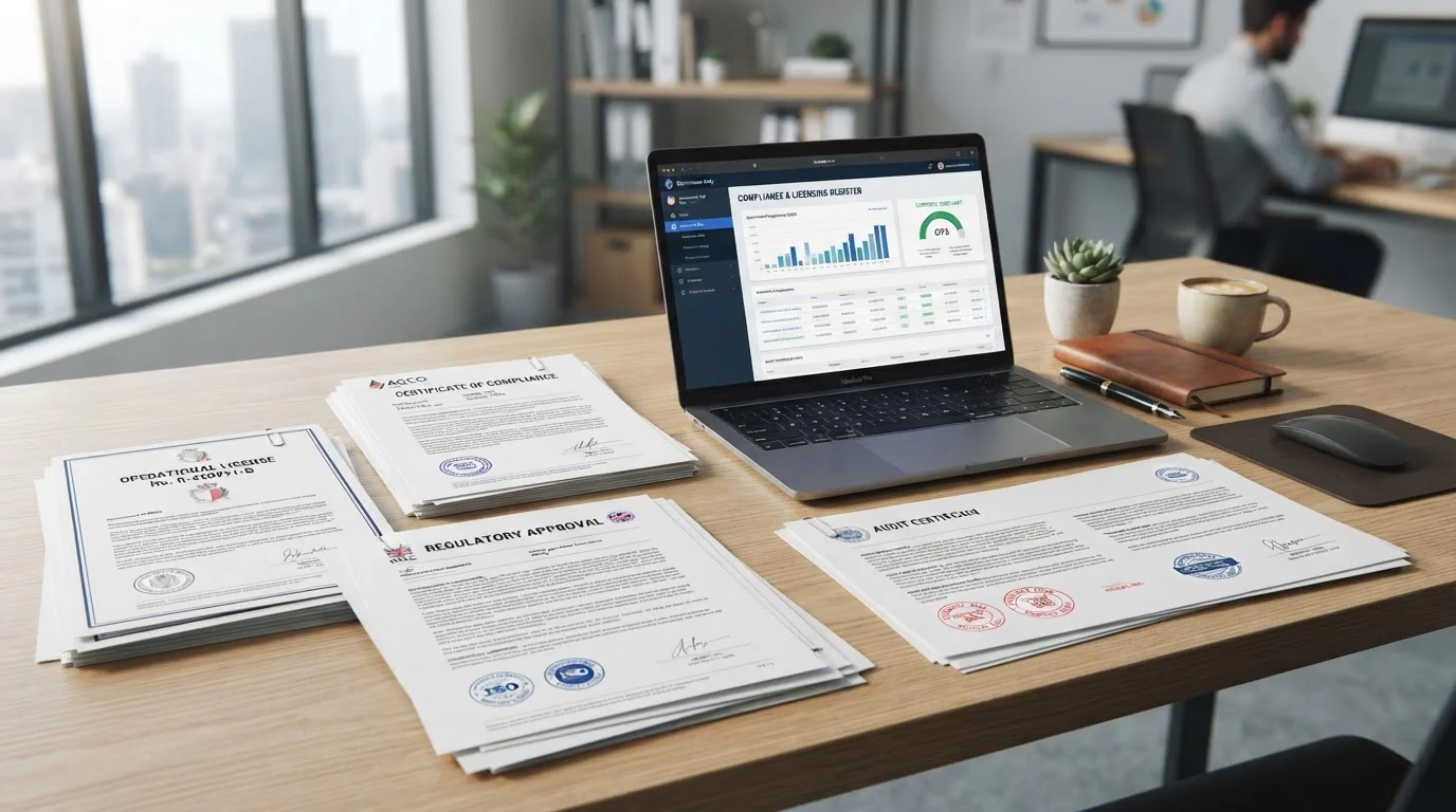Modern office setting with multiple casino license documents and audit certificates displayed