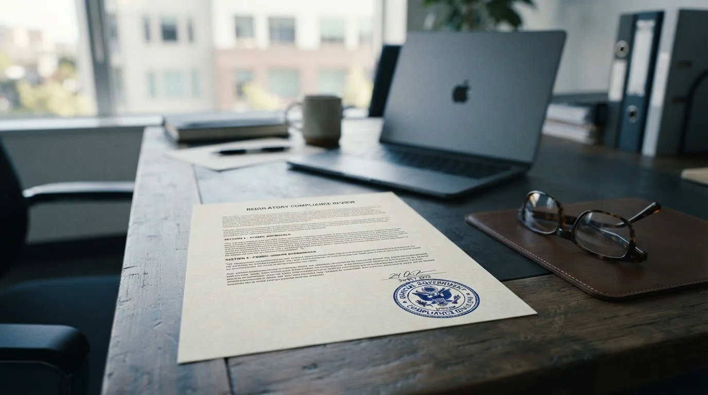 Official regulatory document with stamp and reading glasses on desk