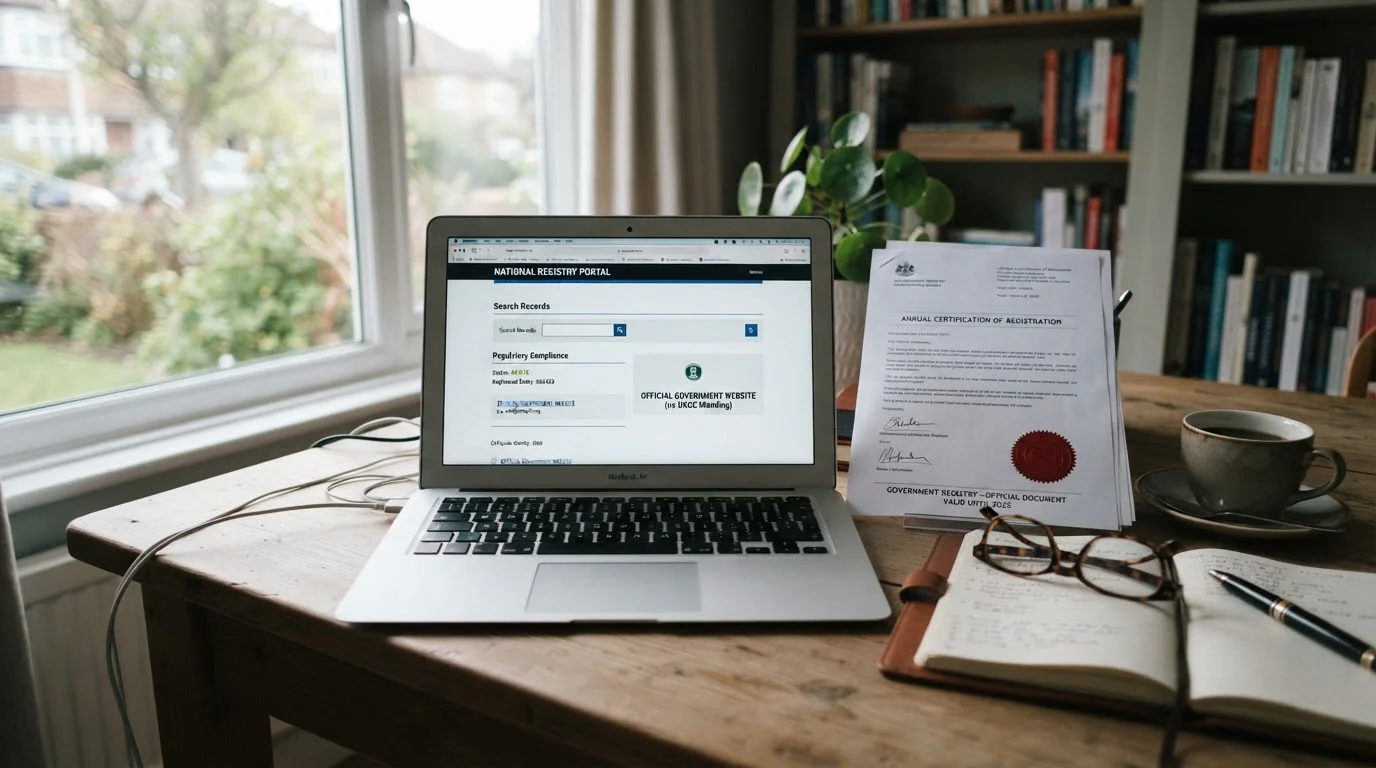 Laptop displaying government register verification page with official documents
