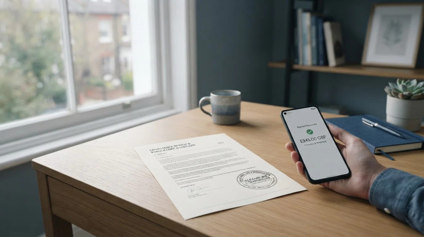 Clean desk with UKGC licence document and mobile phone showing zero transaction fee