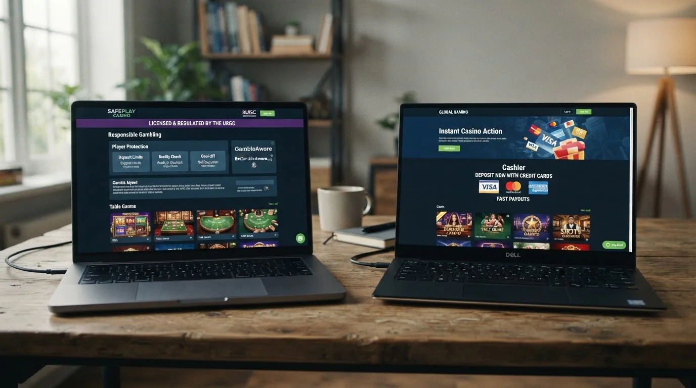 Split comparison showing UKGC licensed casino interface versus offshore casino