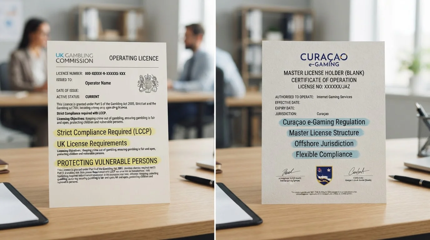 Split-screen comparison showing UKGC license document versus Curaçao license certificate with key differences highlighted