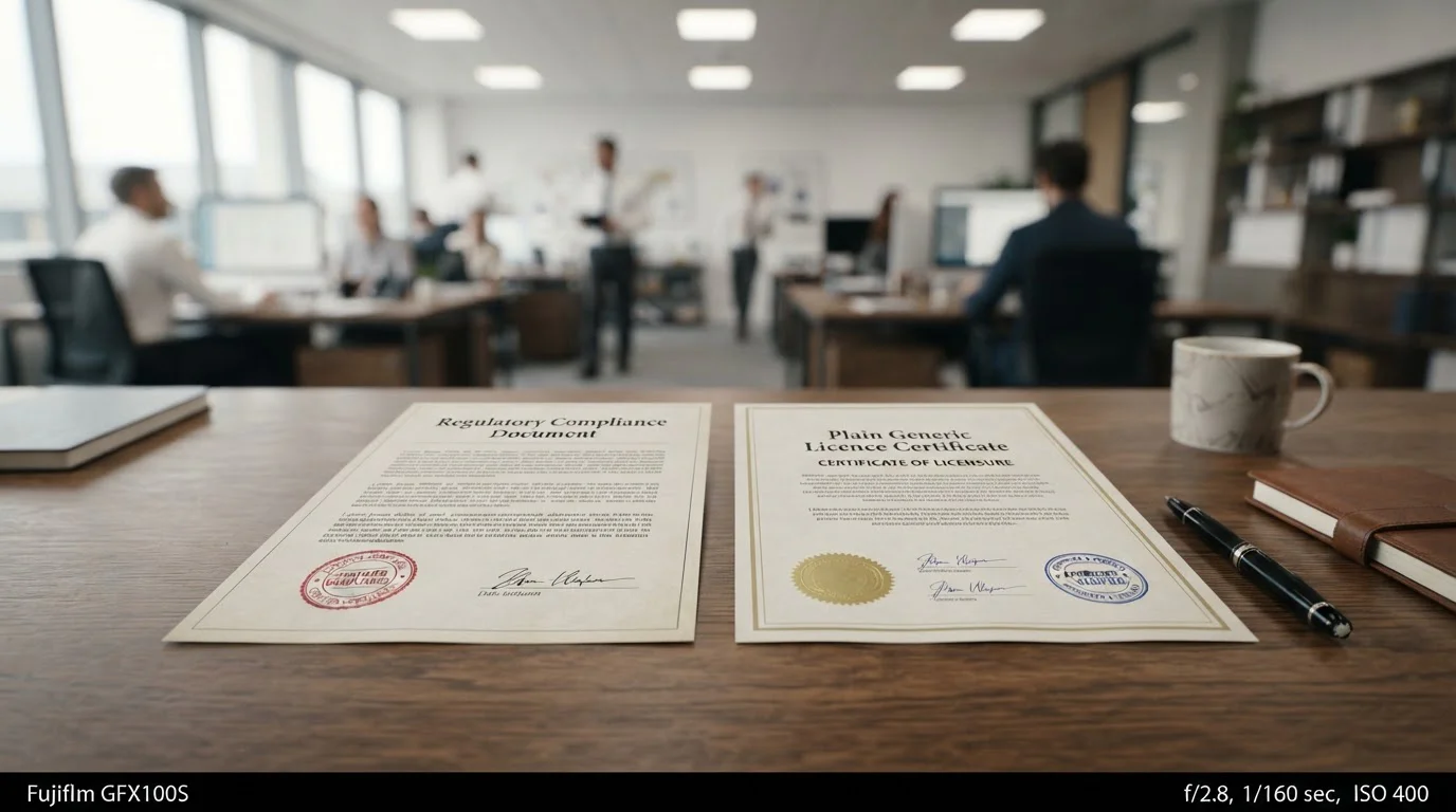 Stamped regulatory document and a plain licence certificate without crest on an office desk