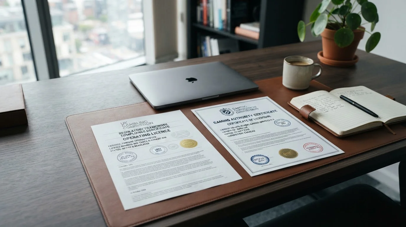 UK Gambling Commission official document alongside offshore gaming licence certificate