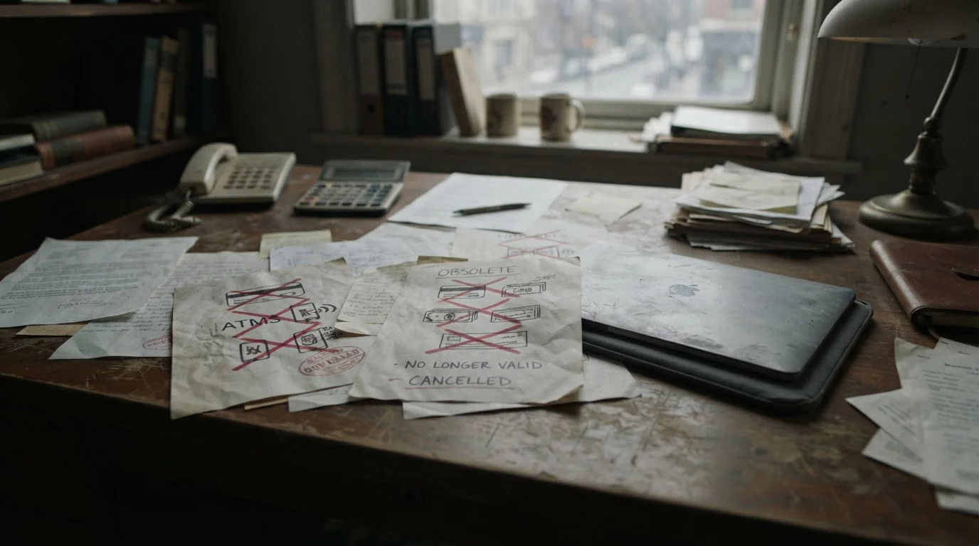 Desk with crossed-out payment documents showing discontinued uPayCard service