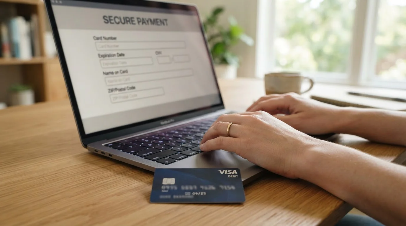 Person entering Visa debit card details at online casino cashier
