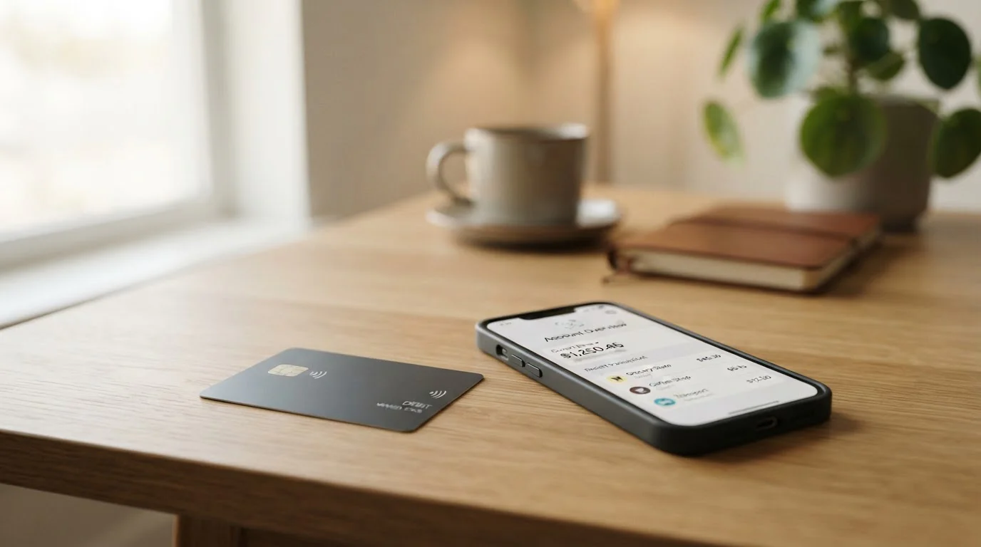 Debit card and smartphone showing withdrawal options screen