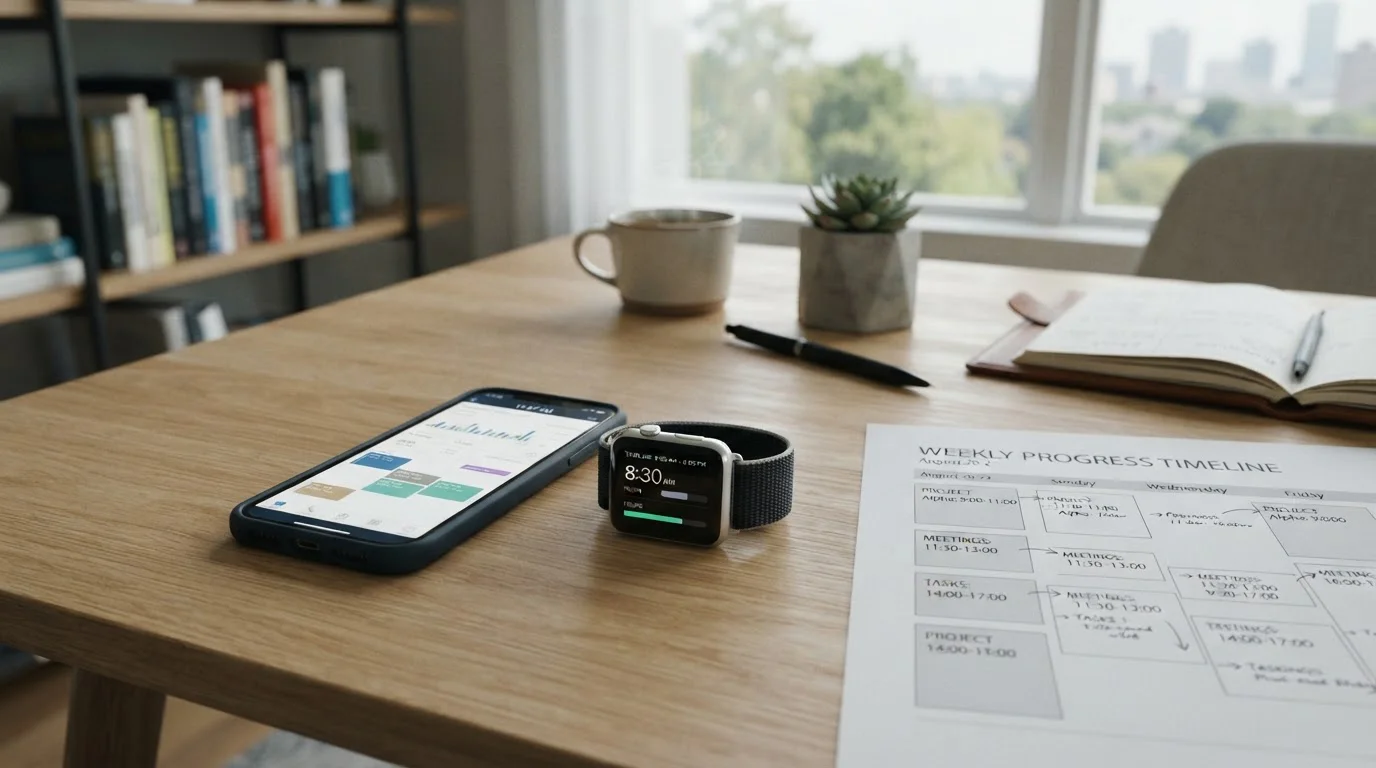 Smartphone and smartwatch on desk showing time-related interfaces with timeline document