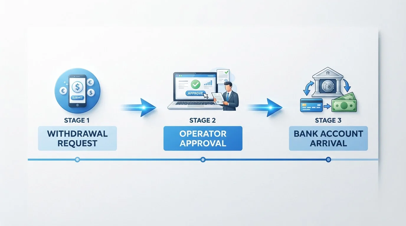 Timeline chart showing withdrawal processing stages from request to bank account arrival