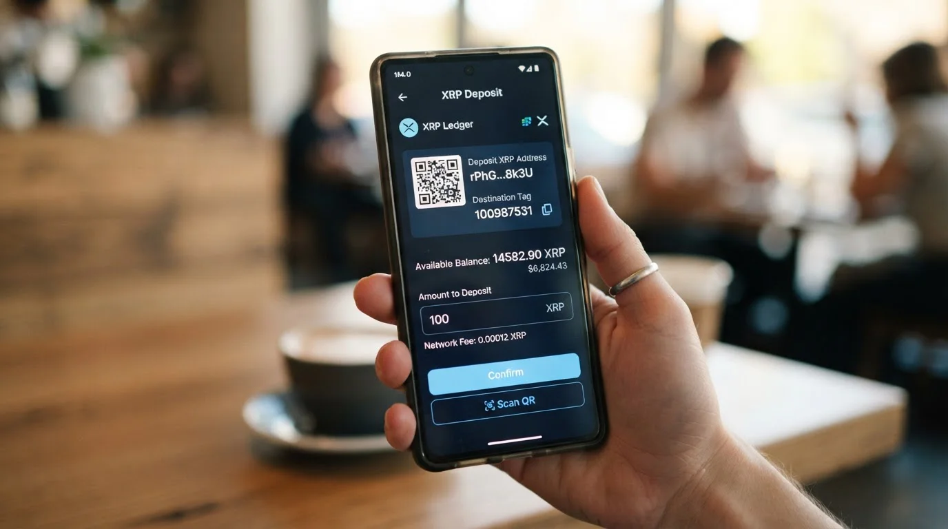 XRP wallet on smartphone screen showing destination tag field and casino deposit address